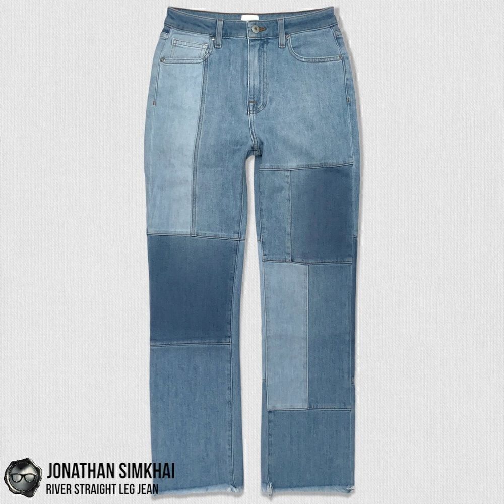 JONATHAN SIMKHAI RIVER STRAIGHT LEG DISTRESSED PATCHWORK JEANS IN INDIGO BLUE 27 - Picture 2 of 16